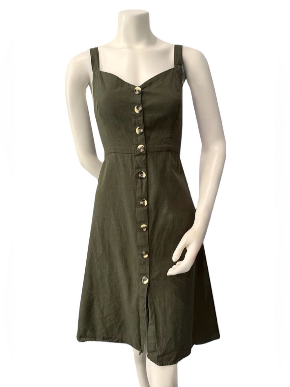 Japna Olive Green Button Front Open Back Midi Dress Size Large